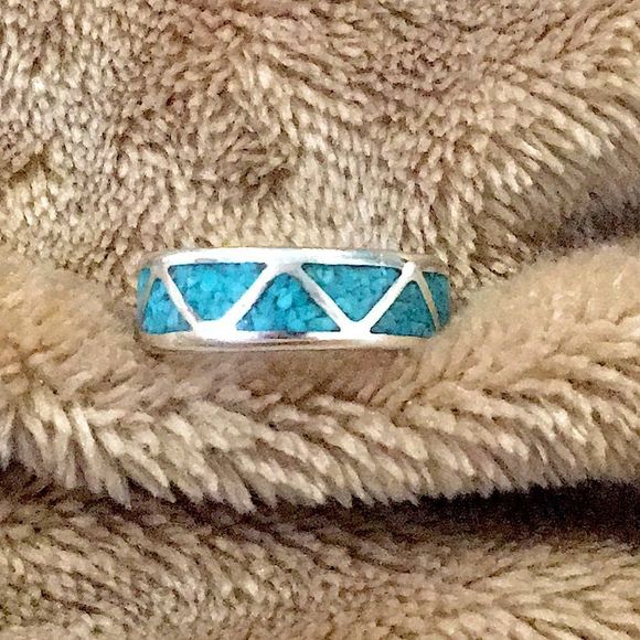 VTG Sterling Silver Southwest Crushed Turquoise Inlay Ring - Picture 6 of 13